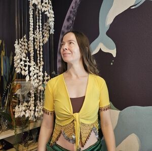 Yellow Beaded Belly Dance Chili’s, half wrap top